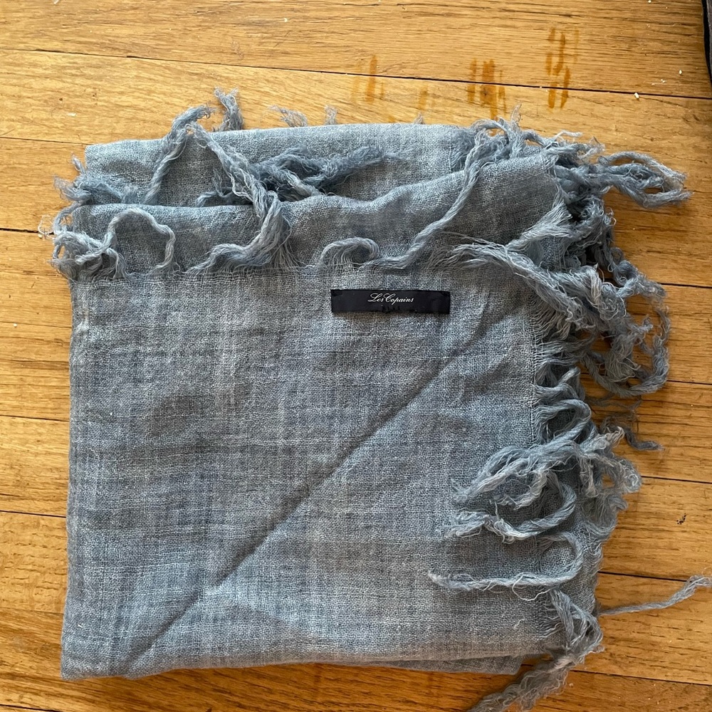 Blue Fringed linen wrap. Les Copains